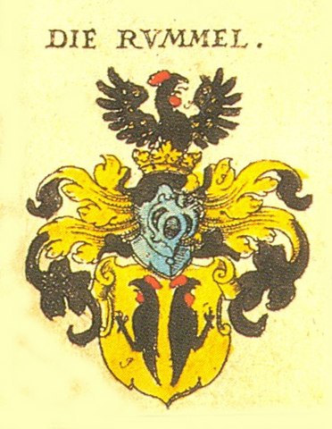 Wappen mit zwei voneinander abgekehrten schwarzen Hähnen