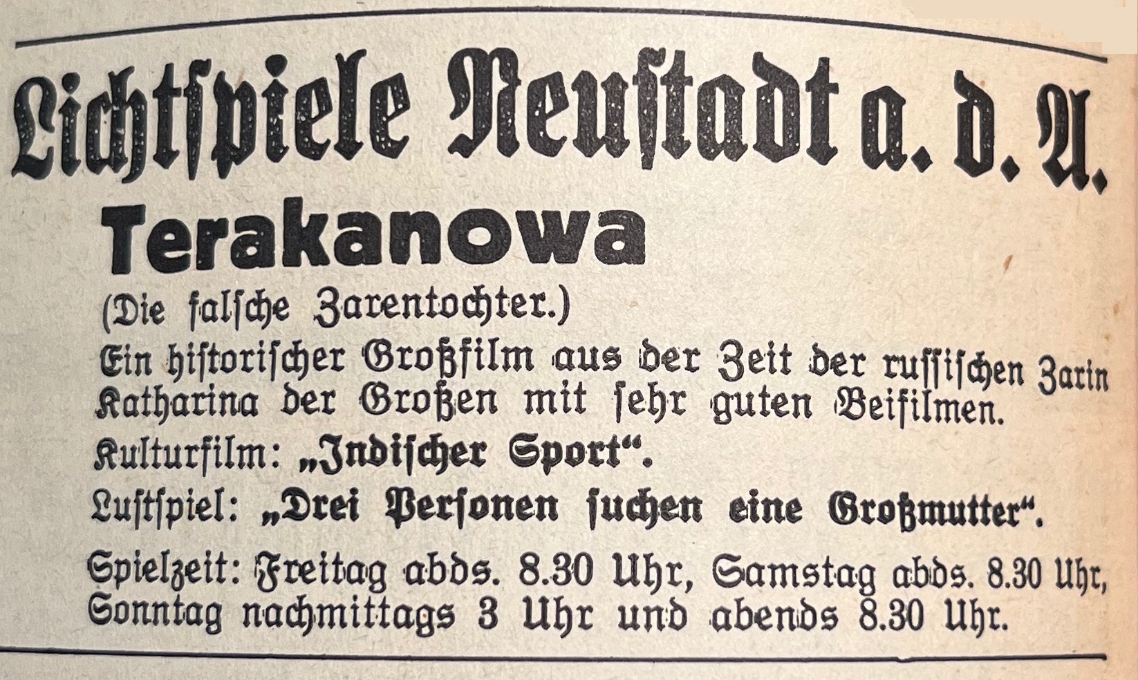 Lichtspiele Neustadt an der Aisch Terakanovwa (Die falsche Zarentochter), 29.7.1932